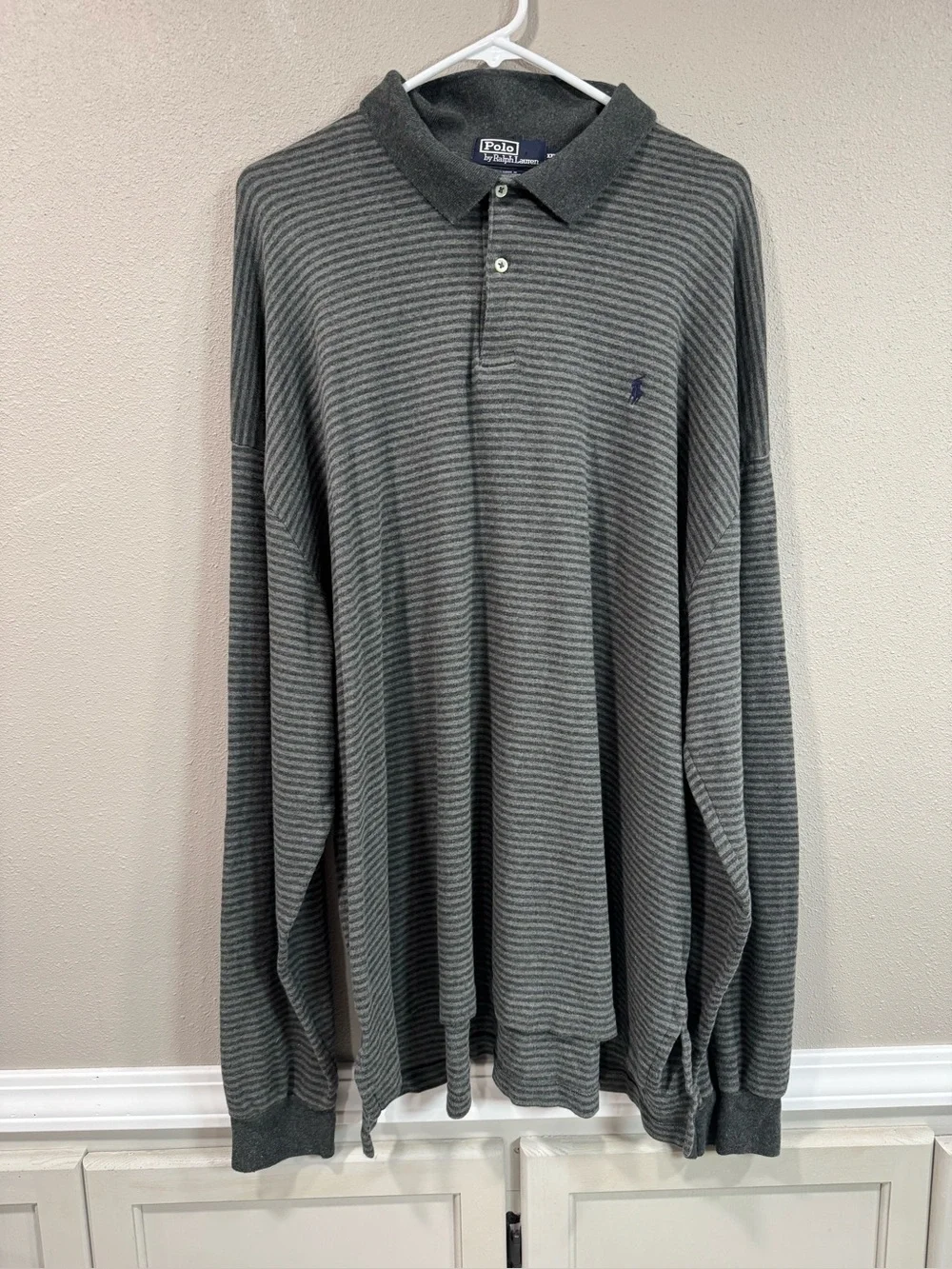 Polo Ralph Lauren Gray Striped Long-Sleeve Polo with Navy Logo